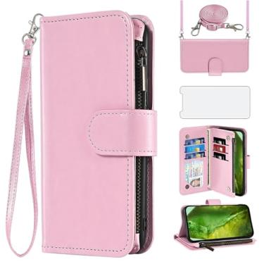 Imagem de Capa de celular para Google Pixel 8A 5G carteira celular com protetor de tela de vidro temperado alça transversal ombro flip zíper suporte para cartão de crédito suporte Pixel8A A8 mulheres meninas