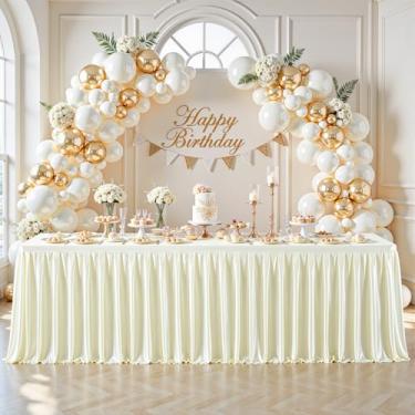 Imagem de Toalha de mesa com glitter marfim para mesas retangulares de 2,4 m, saia de mesa de festa brilhante com babados, resistente a rugas, saia de mesa de cetim lavável para feiras, festas, aniversário