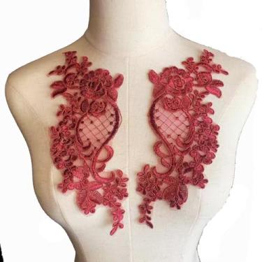 Imagem de Lmlliang 1 par de apliques de flores de renda – acabamento de renda bordado com motivo floral costurado para roupas DIY, vestidos de casamento, artesanato e decorações, vinho tinto