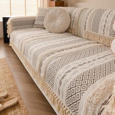 Imagem de vctops Capa de sofá boho de linho de algodão com borlas feitas à mão, capa de sofá rústica, com tufos, espessa, acolchoada, antiderrapante, macia, lavável, protetor de móveis (padrão F, 109 x 238 cm)