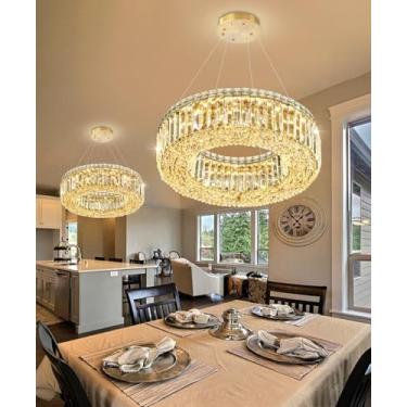Imagem de cenozo Lustres de anel modernos de 50 cm para teto alto luminárias de teto de cristal reguláveis de luxo para sala de jantar, cozinha, hall de entrada, vila, ouro