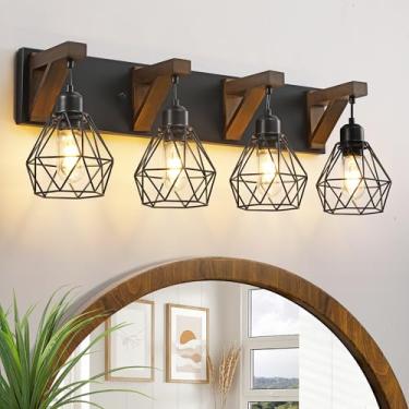 Imagem de Luminárias de banheiro de fazenda, 4 luzes para banheiro, luzes pretas de madeira rústica, arandelas de parede com abajur de metal elegante para sala de estar, quarto, corredor (preto retrô, 4 luzes)