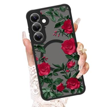 Imagem de AIGOMARA Capa para Samsung Galaxy S25 Plus [compatível com MagSafe] Capa para celular translúcida com design de flores de rosas vermelhas e poliuretano termoplástico macio e policarbonato