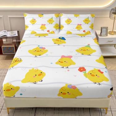 Imagem de AILONEN Jogo de lençol solteiro com desenho de pintinho, tamanho GG, galinha amarela para crianças, meninas e adolescentes, 1 lençol com elástico + 2 fronhas, 3 peças