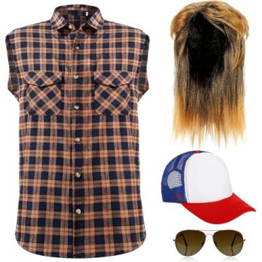 Imagem de Peruca masculina de tainha loira dos anos 70, 80, fantasia de estrela do rock, camisa xadrez, sem mangas, armação de metal, óculos de sol loiro, chapéu vintage, Multicolorido., M