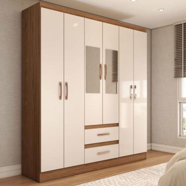 Imagem de Guarda-Roupa Solteiro Elise com Espelho 6 Portas 2 Gavetas Off White/Nogueira - Panorama Móveis