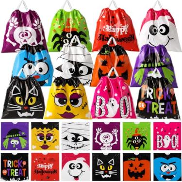 Imagem de HOIIOH 120 unidades de sacos de guloseimas com cordão de Halloween com 12 designs, mini sacolas de doces para doces ou travessuras, bolsa de presente de plástico a granel para crianças, meninos