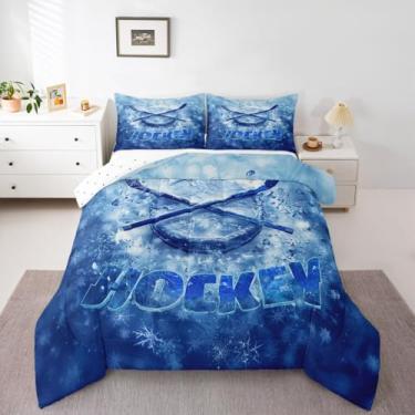 Imagem de Erosebridal Jogo de cama solteiro de hóquei no gelo, para crianças, adolescentes e adultos, jogador de hóquei, neve, inverno, azul, branco, edredom quente e macio com fronha