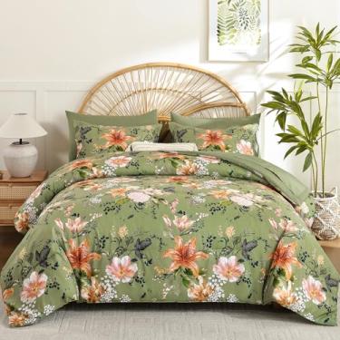 Imagem de Drucon Conjunto de edredom King Size – 7 peças de cama floral, verde sálvia, macio, cama king size em uma bolsa com edredom de flores botânicas, lençóis, fronhas e fronhas