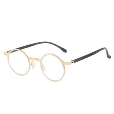 Imagem de Armação de óculos redonda retrô masculina e feminina, ultraleve, metal, anti-luz azul, lente transparente, dourada, C