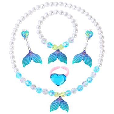 Imagem de BAOBAOJOY Joias de princesa para meninas, conjunto de joias de cauda de sereia de 5 peças, colar elástico, pulseiras, anéis e brincos de encaixe, perfeito para vestir, festas de aniversário, fantasia