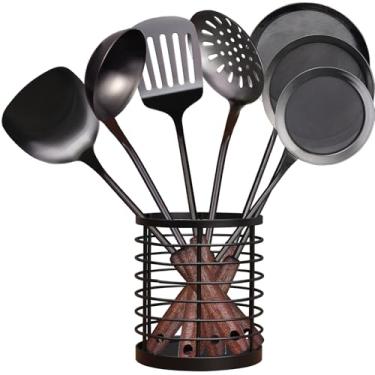 Imagem de MARTE Conjunto de utensílios de cozinha com suporte, 8 peças de espátula de aço inoxidável 304 wok espátula espátula espátula concha escumadeira conjunto de ferramentas, wok utensílios de cozinha