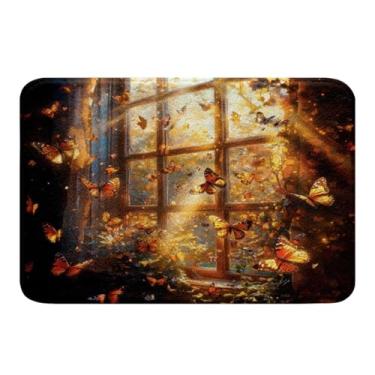Imagem de Feelyou Tapetes de banho de outono para banheiro 40,6 cm x 61 cm tapetes de banheiro borboleta tapetes de banho luz do sol para chuveiro, janela, banheiro, acessórios marrom dourado