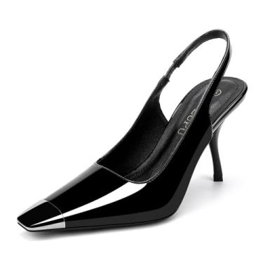 Imagem de BUEUPU Sapato social feminino com salto gatinho de 7 cm, confortável, bico fechado, sapato social feminino, Boné preto patenteado, 37