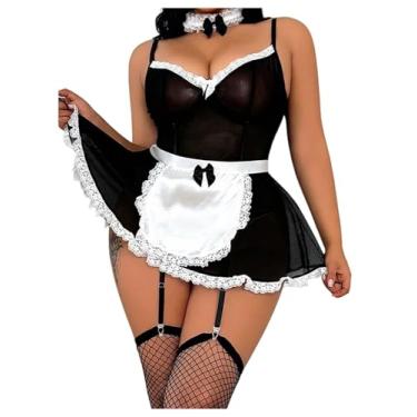 Imagem de OYOANGLE Roupa feminina plus size de empregada de fantasia de baby-doll lingerie vestido com meias arrastão preto e branco GG Plus