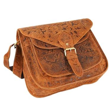 Imagem de ROCHERE Bolsa tiracolo feminina de couro em relevo – transversal floral vintage com compartimentos espaçosos - Fecho seguro e alça ajustável para o estilo diário.