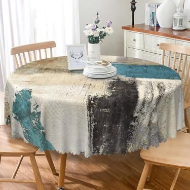 Imagem de SIEDYCV Toalha de mesa redonda de meados do século, 152 cm, retrô, azul, preto, amarelado, xadrez, poliéster, impermeável, reutilizável, rústica, vintage, para decoração de casa de fazenda, jardim