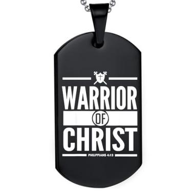 Imagem de DOMYUHAO Guerreiro de Cristo Versículo Bíblico Escritura Cristão Dog Tag Colar Presentes para Homens Mulheres - Presentes de Pingente de Casamento Cristão Inoxidável Gravado Personalização