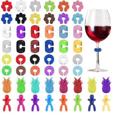 Imagem de QfwdfcTrenz 52 peças de marcadores de pingentes de taça de vinho, marcadores de bebida reutilizáveis de silicone para taças de vinho, etiquetas de vinho para garrafas, identificadores de vidro para