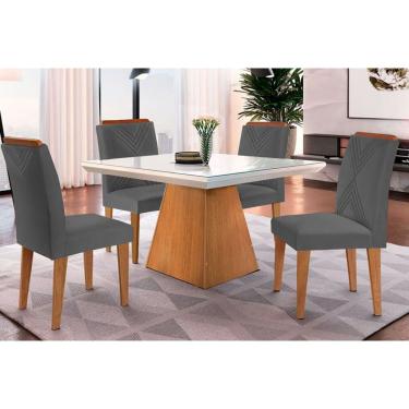 Imagem de Conjunto: Mesa Sala Jantar Luna c/ Tampo Madeirado c/ Vidro Canto Curvo 90x90cm e 4 cadeiras Amsterdã Imbuia/Off White - Linho Grafite - Rufato