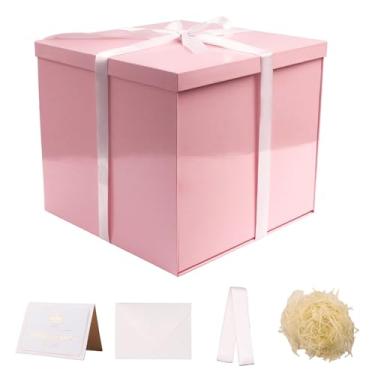 Imagem de UoeRing Caixa de presente grande com tampa, 30 x 30 x 28 cm, caixas de presente rosa para aniversários, dia dos namorados, dia das mães, Natal com envelope de cartão de fita e enchimento de papel