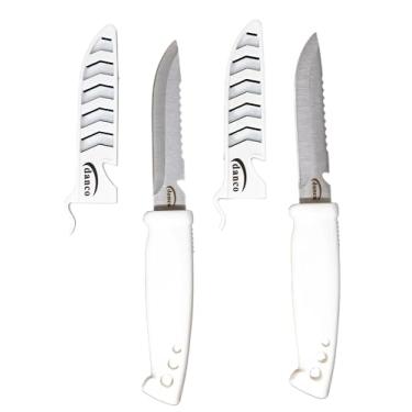 Imagem de danco Pacote com 2 facas de isca de luxo – Lâmina de aço inoxidável de 10 cm com bainha, cabo branco – Faca de pesca afiada para cortar iscas, equipamento de pesca de água salgada e de água doce