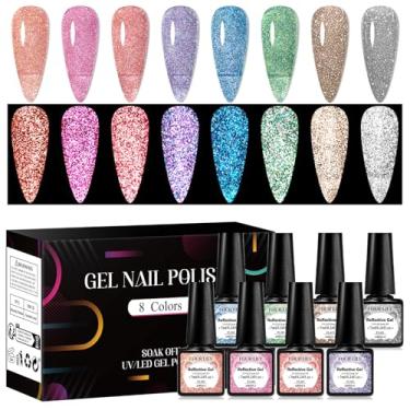 Imagem de Four Lily Conjunto de esmalte de gel com glitter reflexivo, 8 cores, incluindo rosa, vermelho, azul, roxo, verde, kit de gel holográfico UV LED para imersão de esmalte de unhas para casa, faça você