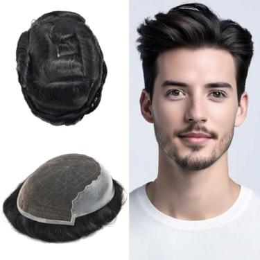 Imagem de Healthlif Toupee para homens, sistema de substituição de cabelo humano com renda para homens, peruca preta, marrom loiro (7X9, #1B OFF BLACK-120% density)
