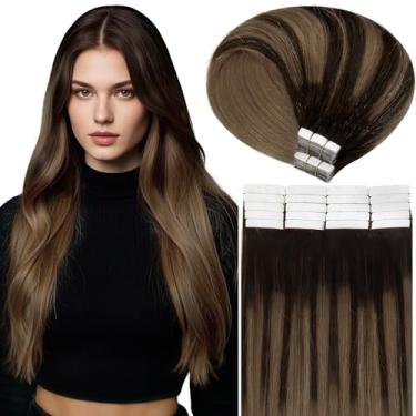 Imagem de Caliee Extensões de cabelo humano com fita adesiva de 50 cm B2/6 balayage marrom escuro a marrom castanha fita invisível em extensões de cabelo liso 50 g cabelo remy para mulheres 20 peças