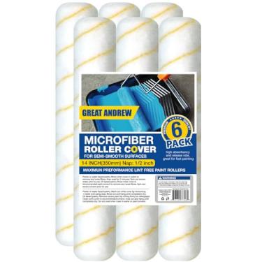 Imagem de Great Andrew Pacote com 6 capas de rolo de pintura de 35,5 cm, kit de rolo de pintura de microfibra para soneca para projetos de pintura em superfícies semi lisas texturizadas, paredes, tetos, casas