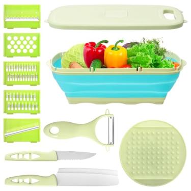 Imagem de XYDHQS Tábua de corte dobrável com escorredor, tábua de cortar multifuncional dobrável 11 em 1 para economia de espaço, com ferramenta de descascador de facas, moedor de alho, acessórios de