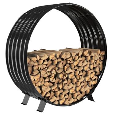 Imagem de VAMFUTRE Suporte redondo para lenha de folha de metal por lareira interna/ao lado de fogueira externa - com pernas de metal, à prova de ferrugem, durável e elegante suporte de lenha (círculo, 101 cm