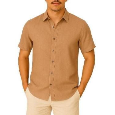 Imagem de Camisa de Linho Manga curta Social Verão Fresca Gola Italiana Elegante