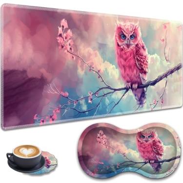 Imagem de Mouse pad grande para jogos + descanso de pulso + porta-copos de renda, conjunto antiderrapante, com bordas costuradas e tapete de mesa expansível à prova d'água, adequado para escritório/casa, coruja