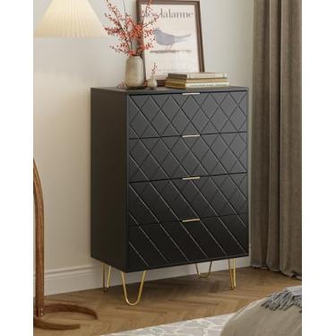 Imagem de Masupu Cômoda de 4 gavetas, baú de gaveta, cômoda de armazenamento alta com mãos e pernas de metal dourado, cômoda pequena para quarto, sala de estar, armário, corredor (preto clássico)