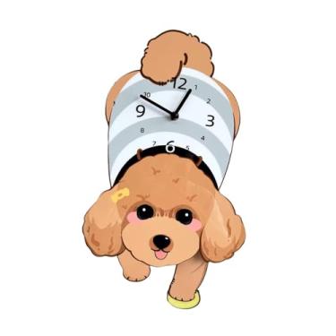 Imagem de IEUDNS Relógio de parede em formato de cachorro adorável, enfeite de relógio pendurado, decoração portátil, baixo ruído, com pêndulo para quarto de hotel, Amarelo