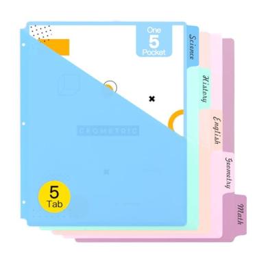 Imagem de Divisor de bolso para fichário com 5 abas, um bolso de plástico tamanho carta dos EUA, divisória de pasta de cor pastel para 3 fichários organizando trabalhos escolares, finanças pessoais, 1 conjunto