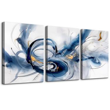 Imagem de Arte de parede em tela TTHYUEWS Abstract Blue Ink 3 painéis 30x40cm