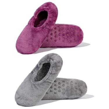 Imagem de GLENMEARL 2 pares de meias femininas com aderência antiderrapante sola macia chinelos quentes de inverno, Roxo + cinza, 7.5-9.5