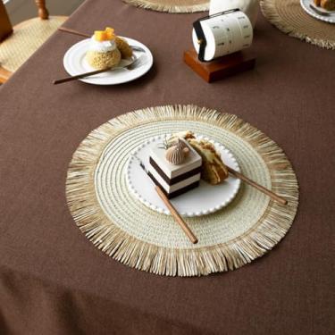 Imagem de Jogo americano redondo de papel tecido para mesa de jantar, jogo americano de juta natural com borlas, tapetes de mesa trançados boho resistentes ao calor para uso interno e externo, decoração de