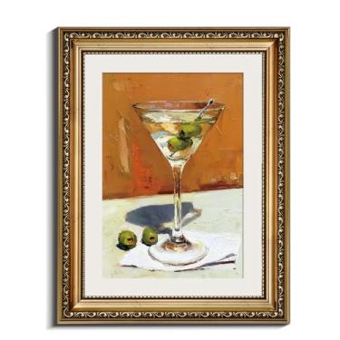 Imagem de InSimSea Arte de parede retrô emoldurada a ouro, arte vintage de impressão em tela de vidro martini e azeitonas, decoração de prateleira de cozinha pequena, 28 x 35 cm, decoração de bar para sala de
