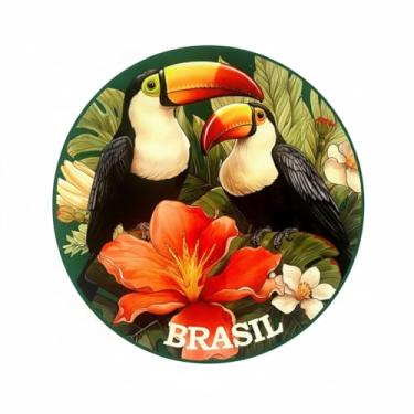 Imagem de Azulejo Decorativo Cerâmica Redondo 19cm, Coloridos Tucanos e Flora Tropical.Brasilmania.Lembrança do Brasil/Souvenir de Viagem/Quadro para Mesa/Estante/Presente Colecionável.