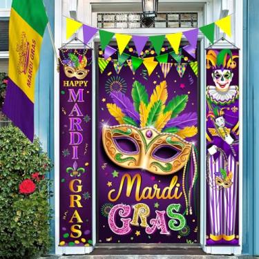 Imagem de Zachely Decoração de faixa de cobertura de porta de Mardi Gras, decoração de banner de porta da frente de carnaval, cobertura de porta de varanda de carnaval para baile de máscaras de carnaval