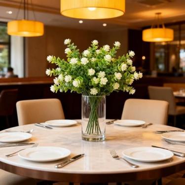 Imagem de 1 pacote com 7 garfos de rosas de eucalipto simuladas, flores artificiais em vaso verde, decoração de casa e decoração de parede (branca)