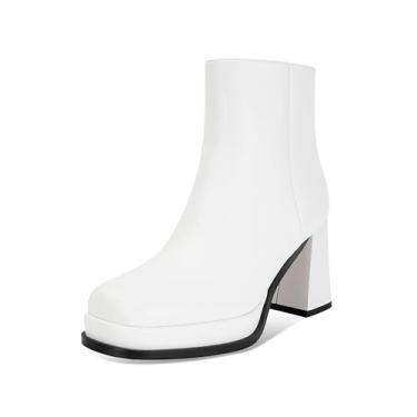 Imagem de MAIJED Bota feminina de couro preto, plataforma GoGo, cano baixo, bico quadrado, salto alto grosso com zíper nas costas, confortável, vestido de festa, Branco, 35