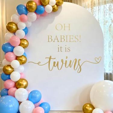 Imagem de Decorações reveladoras de gênero gêmeo - TrinhGuo Oh Babies It Is Twins decalque para arco de balões, decoração de fundo de festa dourada decalque para revelação de gênero chá de bebê festa de