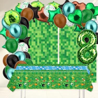 Imagem de Pixel Decorações Festa Aniversário, Verde Preto Balões Folha & Látex com Toalha Mesa Cortinas Franja & Grande Número 8 Balão Suprimentos Festa Aniversário Tema Jogo para Crianças Meninos