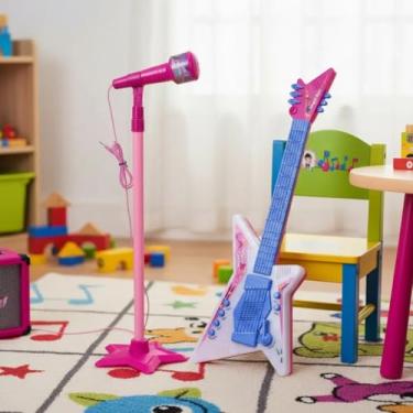 Imagem de Guitarra Infantil e Microfone Pedestal Luz Som Brinquedo Musical Cantora Criança Estilo MP3 Show
