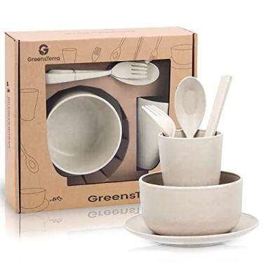 Imagem de GREENSTERRA Conjunto de louça de palha de trigo ecológico – Pratos e tigelas de palha de trigo reutilizáveis e duráveis com utensílios – Ótimo para piquenique, acampamento – Seguro para micro-ondas e lava-louças – Bege