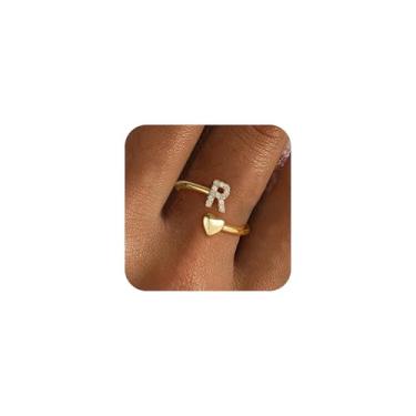 Imagem de Fezodo Anéis de Inicial de Ouro para Mulheres Não Manchas, Delicados Banhado a Ouro 14K Inicial Ajustável Anel Bonito Coração Letras Presentes de Aniversário para Mulheres, Latão, Sem pedra preciosa